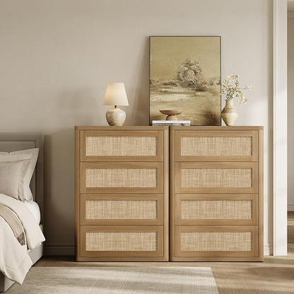 SICOTAS 4 Drawer Dresser for Bedroom-40.59'' Tall Rattan Bedroom Dressers with Oversized Drawers, Modern Wooden Chest of Drawers, Push-to-Open Storage Dresser for Closet, Nursery, Amber Oak, 2PCS