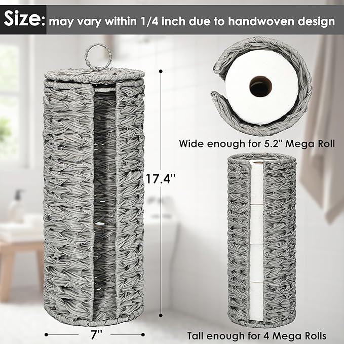 4 Mega Rolls Extra Toilet Paper Storage with Lid, Waterproof Plastic Wicker Toilet Paper Holder Basket Stand, Decorative Boho Covered Enclosed Toilet Tissue Organizer for Bathroom, Grey