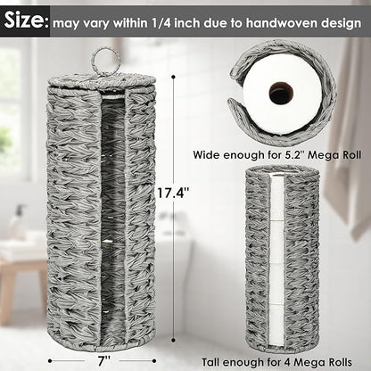4 Mega Rolls Extra Toilet Paper Storage with Lid, Waterproof Plastic Wicker Toilet Paper Holder Basket Stand, Decorative Boho Covered Enclosed Toilet Tissue Organizer for Bathroom, Grey