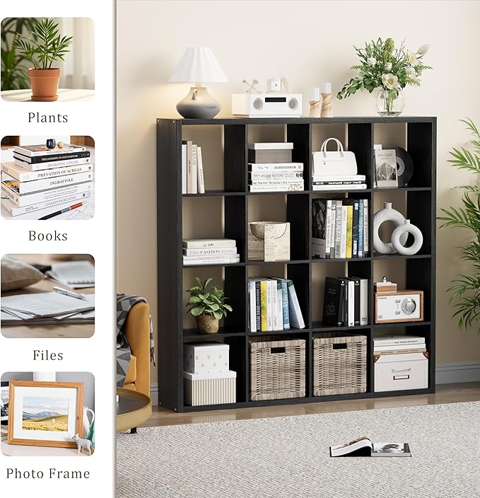 Cube Storage Organizer Bookcase, Decorative 11 inch Open Back Cubical Shelf with Thickened Border, Display Bookshelf for Living Room, Home Office, Sturdy Room (Black, 16 Cube)