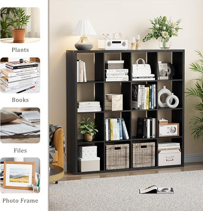 Cube Storage Organizer Bookcase, Decorative 11 inch Open Back Cubical Shelf with Thickened Border, Display Bookshelf for Living Room, Home Office, Sturdy Room (Black, 16 Cube)
