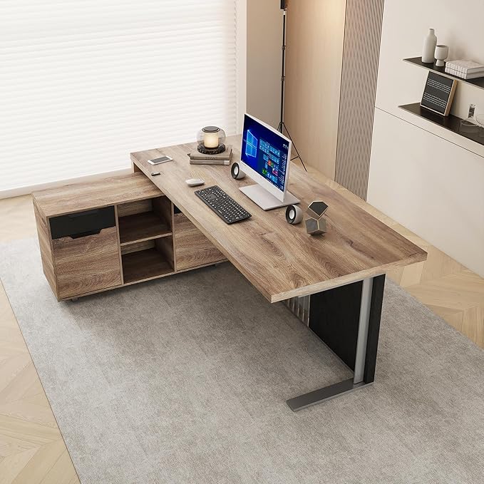 SAINTCY 63 Inch L Shaped Executive Desk with Drawers, Modern Computer Writing Desk with File Cabinet, Business Furniture W/Stand Under Storage Organizer with Wheels,1.97IN Thick Desktop