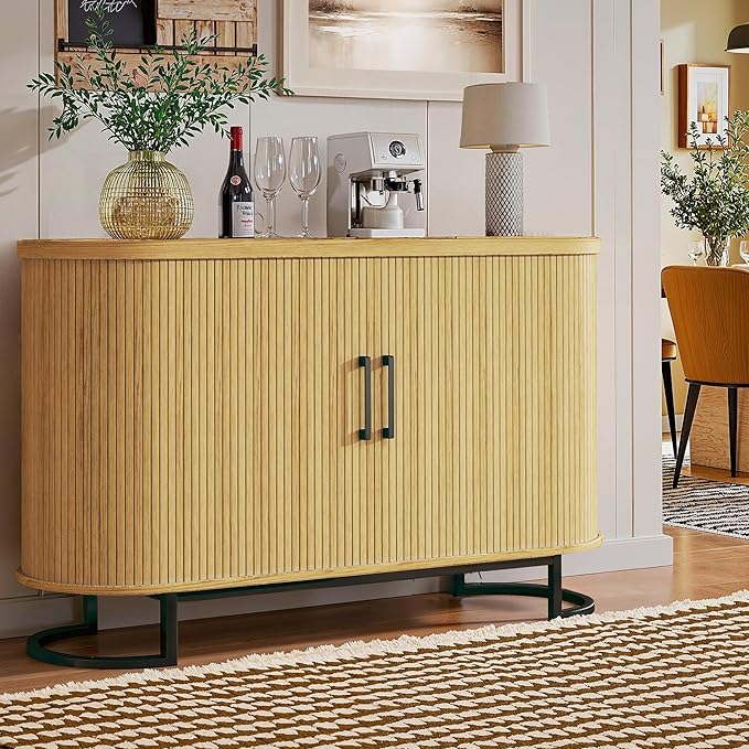 47.2" Buffet Cabinet with Storage, Fluted Sideboard Cabinet with Tambour Door & Adjustable Shelf, Modern Storage Cabinets for Kitchen, Living Room, Entryway, Oak