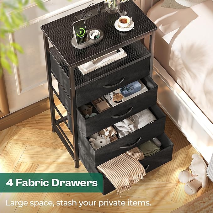 Huuger Night Stand with Charging Station, 4 Drawer Dresser for Bedroom, Bedside Table, 33.9 Inch Tall Nightstand with Open Shelf, End Table, for Closet, Entryway, Bedroom, Black