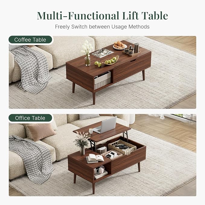 Wood Lift Top Coffee Table with Hidden Storage Compartment & Open Shelf, Multi-Functional Wooden Tabletop Dining Table for Living Room, Home Small Space
