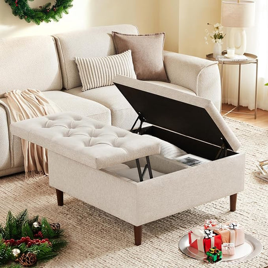 Weture 35 Inch Extra Large Storage Ottoman Coffee Table, No Assembly Required, Oversized Square Ottoman with Storage, Tufted Upholstered Ottomans Coffee Table for Living Room (Fabric, Beige)