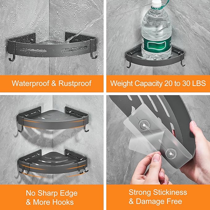 DUFU Adhesive Corner Shower Caddy with Hooks,Bathroom Shower Organizer, No Drilling Rust Proof Aluminum Shower Shelf for Inside Shower 2 Pack (Grey)