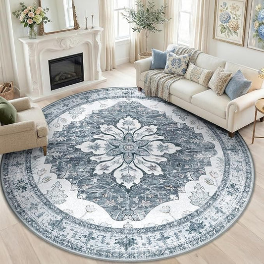 RELEANY Area Rugs Round 8ft Washable Non-Slip, Floral Vintage Distress Medallion Carpet for Living Room Bedroom Dining Room, Light Gray Grey White