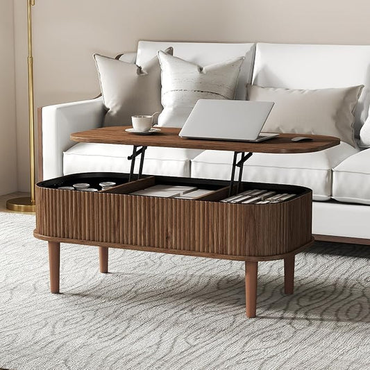 Fluted Lift Top Coffee Table with Hidden Storage, Oval Coffee Table with Lifting Top, Mid Century Modern Design for Living Room, Office & Small Spaces, Walnut