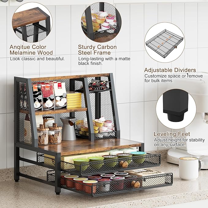 TQVAI Coffee Bar Organizer, Maximize Small Countertop Space, 70 Standard Capsules Capacity with Sliding Pods Drawer, 4-Tier Coffee Station Organizer for Home Kitchen Office Commercial