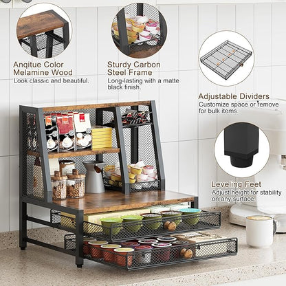 TQVAI Coffee Bar Organizer, Maximize Small Countertop Space, 70 Standard Capsules Capacity with Sliding Pods Drawer, 4-Tier Coffee Station Organizer for Home Kitchen Office Commercial