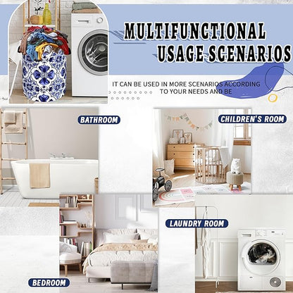 Blue and White Mexican Tile Laundry Basket Oxford Cloth Foldable Boho Laundry Hamper With Handle Portable Clothes Storage Organizer Basket 18.9x16.5 Inch Laundry Bag For Laundry Room/Bedroom/Bathroom