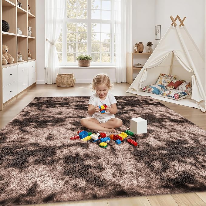 Area Rug for Living Room Bedroom: 4x6 Soft Fluffy Shag Upgrade Non-Slip High Pile Carpet Large Fuzzy Plush Indoor Floor Decor Shaggy Coffe Tie-Dyed Rug for Kid Boys Girls Playroom Nursery Modern Home