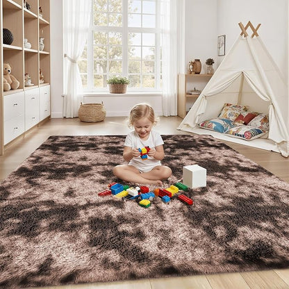 Area Rug for Living Room Bedroom: 4x6 Soft Fluffy Shag Upgrade Non-Slip High Pile Carpet Large Fuzzy Plush Indoor Floor Decor Shaggy Coffe Tie-Dyed Rug for Kid Boys Girls Playroom Nursery Modern Home