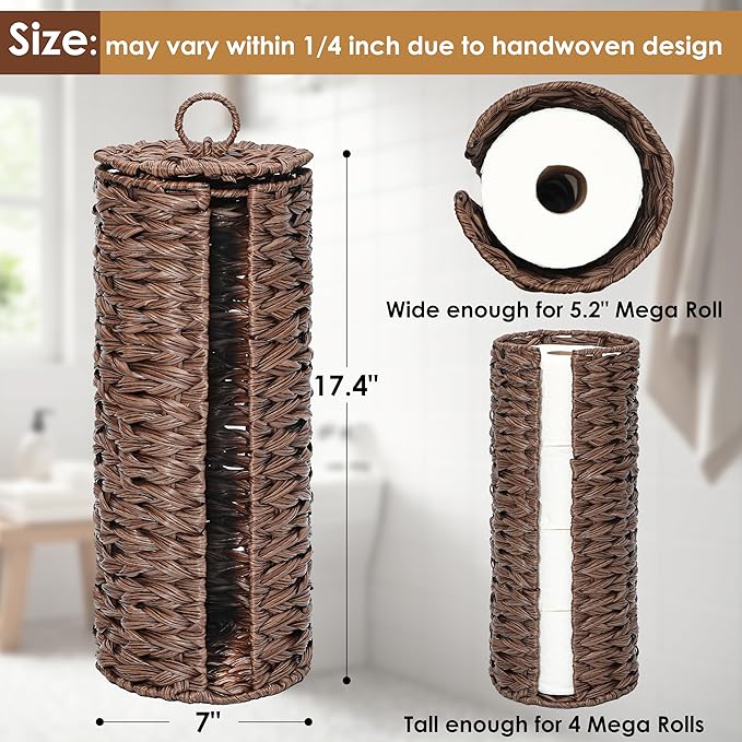 4 Mega Rolls Extra Toilet Paper Storage with Lid, Waterproof Plastic Wicker Toilet Paper Holder Basket Stand, Decorative Boho Covered Enclosed Toilet Tissue Organizer for Bathroom, Brown