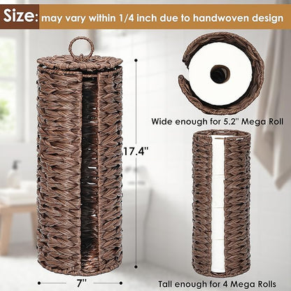 4 Mega Rolls Extra Toilet Paper Storage with Lid, Waterproof Plastic Wicker Toilet Paper Holder Basket Stand, Decorative Boho Covered Enclosed Toilet Tissue Organizer for Bathroom, Brown