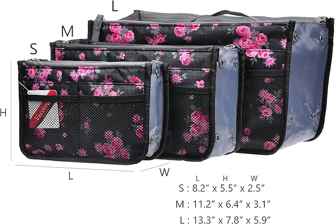 Vercord Purse Organizer Insert for Handbags Bag Organizers Inside Tote Pocketbook Women Nurse Nylon 13 Pockets Black Red Flower Small