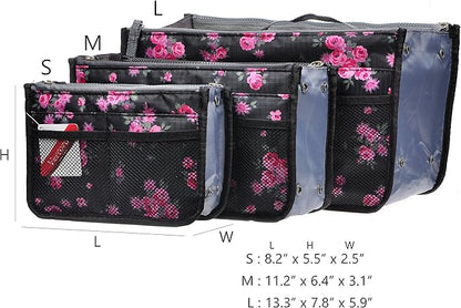 Vercord Purse Organizer Insert for Handbags Bag Organizers Inside Tote Pocketbook Women Nurse Nylon 13 Pockets Black Red Flower Small