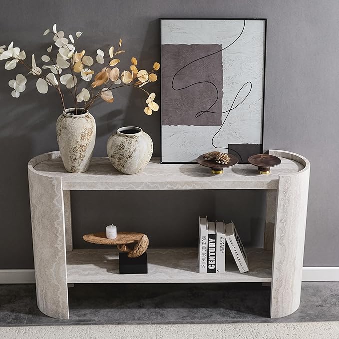 53" Console Table for Entryway, Narrow Sofa Entrance Table with Faux Mars Marble Pattern, Modern Sofa Tables with Storage Shelf for Living Room, Hallway, Foyer, Home Office, Beige