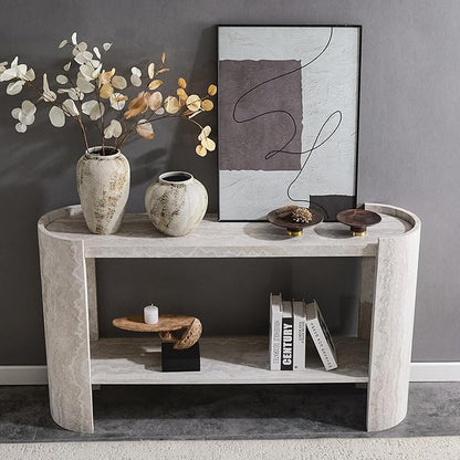 53" Console Table for Entryway, Narrow Sofa Entrance Table with Faux Mars Marble Pattern, Modern Sofa Tables with Storage Shelf for Living Room, Hallway, Foyer, Home Office, Beige