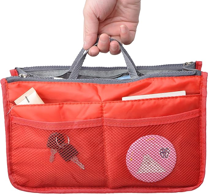 Vercord Purse Organizer Insert for Handbags Bag Organizers Inside Tote Pocketbook Women Nurse Nylon 13 Pockets Red Small