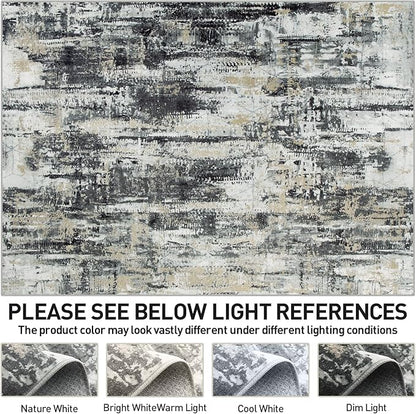 4x6 Area Rugs Washable Rug: Modern Abstract Living Room Rug Soft Anti-Skid Thin Carpet Indoor Floor Non-Shedding Carpets for Bedroom Dining Room Farmhouse Nursery Home Office Black Grey Gold