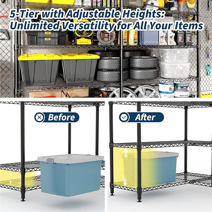 GarveeLife 70" H Storage Shelves L-Shaped 1325 LBS Heavy Duty Metal Shelving 5-Tier Wire Shelving for Corner Storage Rack Adjustable Pantry Shelf for Kitchen Pantry, 70.5" H x 59" W x 13.8" D