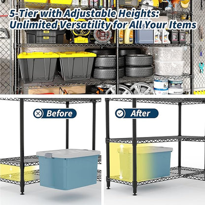 GarveeLife 70" H Storage Shelves L-Shaped 1325 LBS Heavy Duty Metal Shelving 5-Tier Wire Shelving for Corner Storage Rack Adjustable Pantry Shelf for Kitchen Pantry, 70.5" H x 59" W x 13.8" D