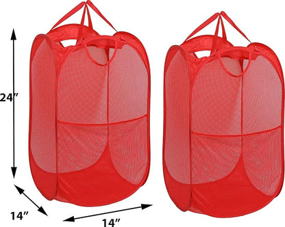 Simple Houseware Mesh Pop-Up Laundry Hamper Basket with Side Pocket, Red - 2 Pack