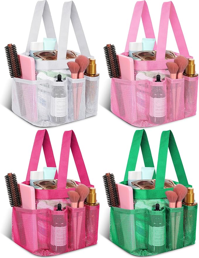Hillban 4 Pcs Mesh Shower Caddy Portable Shower Caddy for Dorm Beach Mesh Bags with Deeper 8 Pockets and Handles Showers Caddies Basket for Women College Room Vacation(White, Pink, Green, Rose Red)