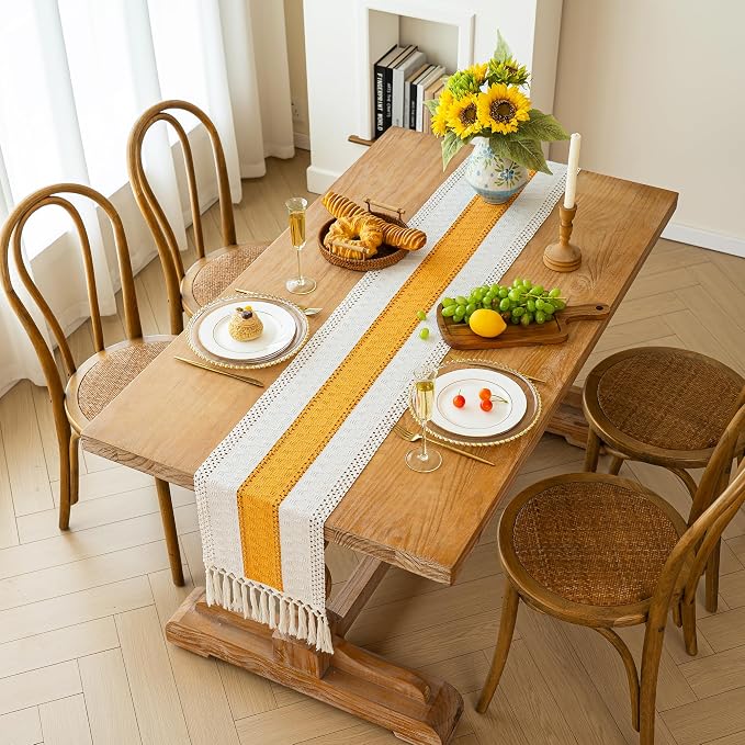 FEXIA Boho Table Runner for Summer Home Decor with Tassels 72 Inches Long Farmhouse Yellow Rustic Table Decoration Macrame Burlap Decor for Living Room Bridal Shower (12x72 Inches)