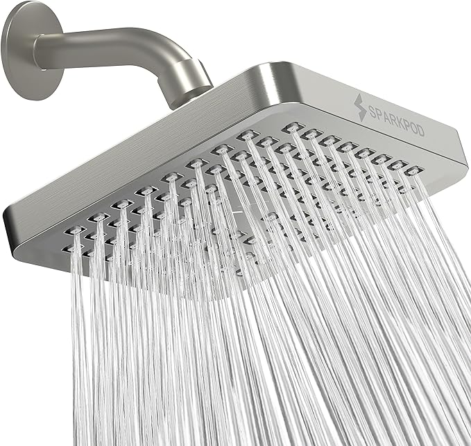SparkPod Rain Shower Head, 6 Inch Square | High Pressure Shower Heads, 90 Nozzle (Touch-to-Clean), Adjustable Showerhead, No-tool Universal Connection