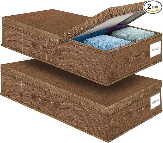 Supowin Underbed Storage Containers Bin with Lids (2pcs) Large Under Bed Storage Organizer Box with Handle, Foldable Under the Storage Bags for Organizing Clothes, Shoes, Blankets, Pillows-Dark brown