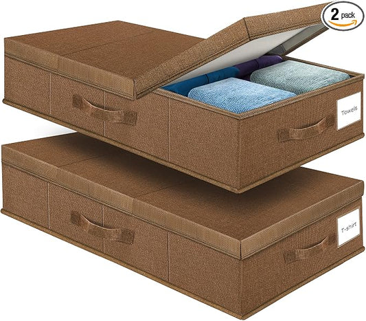 Supowin Underbed Storage Containers Bin with Lids (2pcs) Large Under Bed Storage Organizer Box with Handle, Foldable Under the Storage Bags for Organizing Clothes, Shoes, Blankets, Pillows-Dark brown