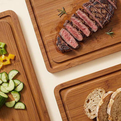 ROYAL CRAFT WOOD Wooden Cutting Boards for Kitchen Meal Prep & Serving - Bamboo Non Toxic Cutting Board Set with Deep Juice Groove Side Handles - Charcuterie & Chopping Butcher Block for Meat (3 Pcs)