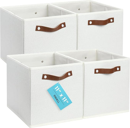 OrganiHaus 11" x 11" x 11" Fabric Cubes Storage Bins Set of 4, Foldable Collapsible Fabric Storage Bins for Organizer, Toy Organizer for Kallax, 11 Inch Linen Cube Shelf Baskets - White