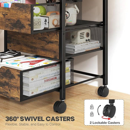 Rolling Cart with Drawers, Wooden Top and Front, with Wheels Metal Under Desk Storage Cart with 4 Drawers, for Office, Bedroom, Classroom, Home, Rustic Brown