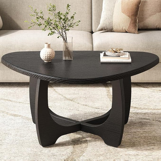 Coffee Table for Living Room - Mid Century Modern Coffee Tables with Triangle Top, Unique Small Round Coffee Table, Wood Oval Tea Table with Solid Legs for Bedroom, 35.8"x 22.5" x 16.2" Black