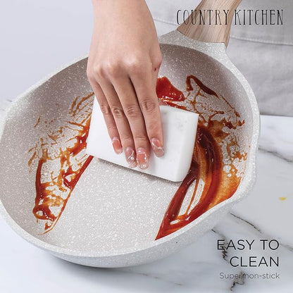 Country Kitchen Non-Stick Cast Aluminum Cookware Set - Durable Kitchen Cookware for Everyday Cooking, Speckled Cream, 8 Pc.