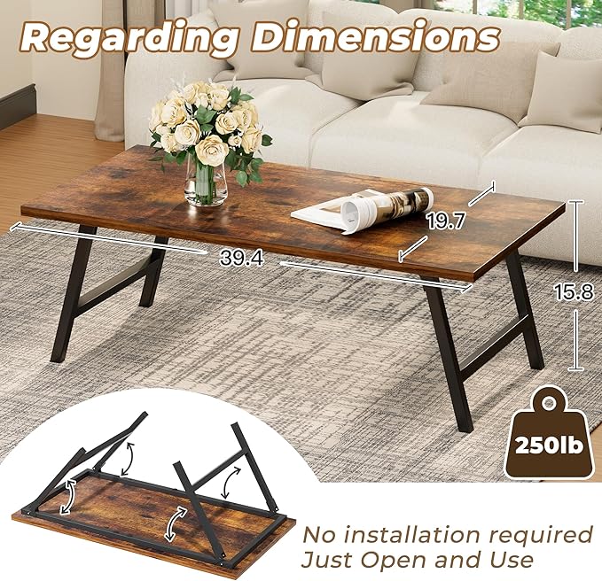 Folding Coffee Table, 39.4” Portable Floor Table Desk for Sitting on The Floor, No Assembly Low Coffee Table for Living Room, Home, Caravan and Camping, Large 39.4Lx19.7Wx15.8H, Brown