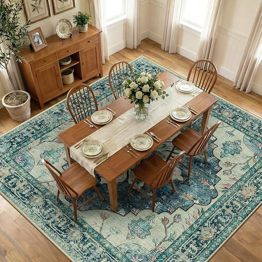 RELEANY Area Rugs Square 10ft Washable Non-Slip, Floral Vintage Distress Medallion Carpet for Living Room Bedroom Dining Room, Dark Blue Vintage