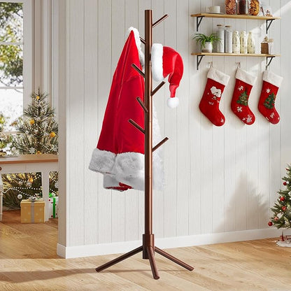 Wooden Coat Rack Stand, Freestanding Coat Rack with 8 Hooks, 3 Adjustable Size Coat Tree for Hats, Coats, Scarves bags, Coat Hanger Stand Used in Bedroom/Office/Entryway （Brown）