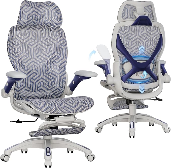 ELABEST X100 Ergonomic Mesh Office Chair with Footrest, Big and Tall Hone Desk Chair with 5D Flip-Up Arms, Adjustable 3D Lumbar Support,Gaming & Executive Computer Chairs (Cybernetic Pulse)