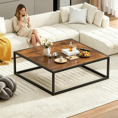 31.5" Square Coffee Table, Mid-Century Modern Brown Center Table for Living Room, Floor Table for Sitting on The Floor, Wood Cocktail Tea Contemporary Tables with Metal Frame for Office Apartment Home