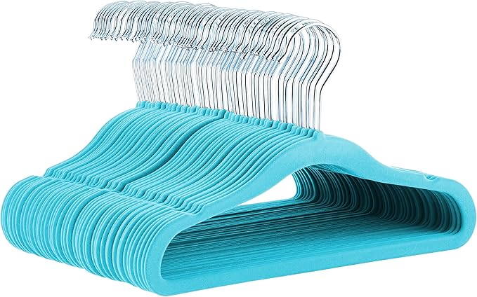 Amazon Basics Kids Velvet, Non-Slip Clothes Hangers for Infant and Toddler, 11.6 inches (for baby clothes), Pack of 50, Blue