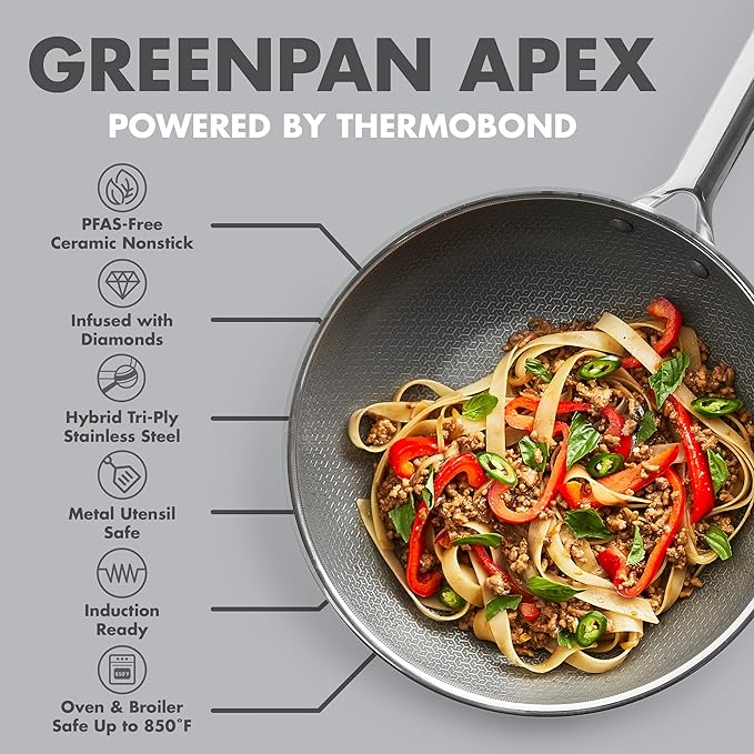 GreenPan Hybrid 11” Nonstick Stainless Steel Wok Pan, APEX Tri-Ply Thermobond PFAS-Free Ceramic Skillet, Induction & All Cooktop Compatible, Oven Temp to 850°F, Dishwasher Safe, Silver