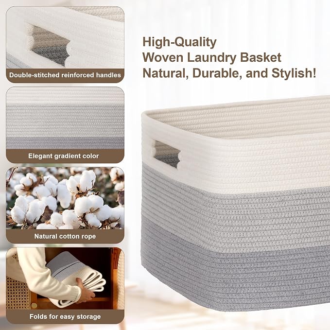 45L Small Laundry Basket with Leather Handles for Living Room Storage, Woven Rope Baskets Bin for Blanket, Kids Toy, Gifts, Wicker Hamper for Bedroom Dirty Clothes, 18"x14"x11" Gradient Grey