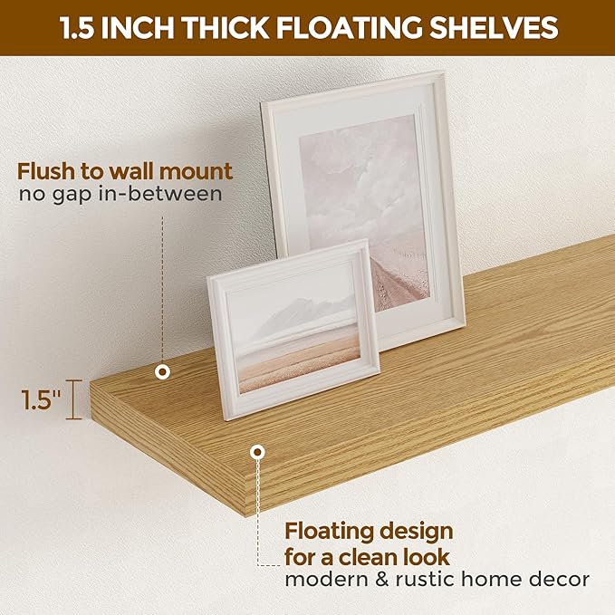 Fun Memories 32" W x 9.3" D Floating Shelves, Rustic Wood Deep Shelves for Bedroom, Kitchen, Living Room, Long Floating Shelf for Wall, Storage Display Wall Shelf for Books Decor, Oak