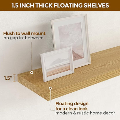 Fun Memories 32" W x 9.3" D Floating Shelves, Rustic Wood Deep Shelves for Bedroom, Kitchen, Living Room, Long Floating Shelf for Wall, Storage Display Wall Shelf for Books Decor, Oak