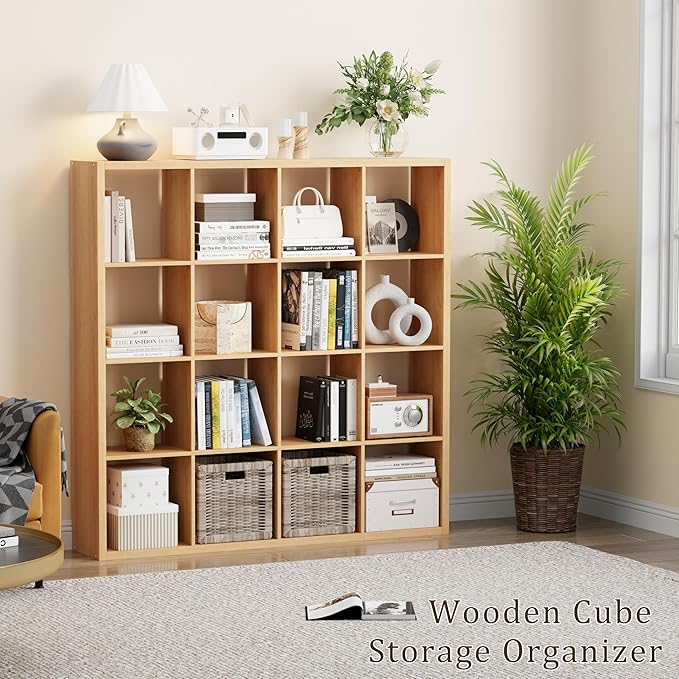 Cube Storage Organizer Bookcase, Decorative 11 inch Open Back Cubical Shelf with Thickened Border, Display Bookshelf for Living Room, Home Office, Sturdy Room (Natural Oak, 16 Cube)